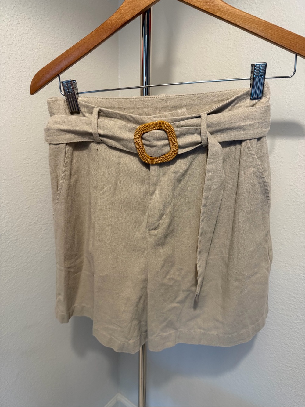 mine Cream Paperbag Waist Shorts with Woven Buckle